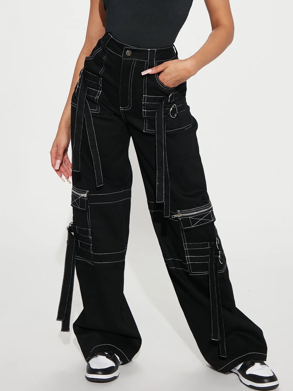 Black High-Waist Cargo Pants with Contrast Stitching
